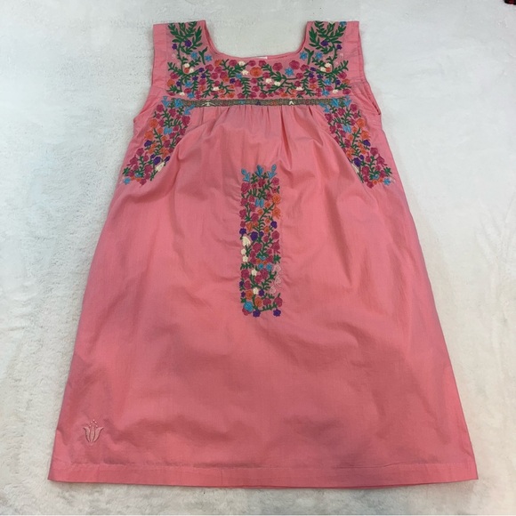 J. Marie Embroidered Shift Dress Pink Floral Lined Sz XS Cotton Pockets Boho - Picture 3 of 12